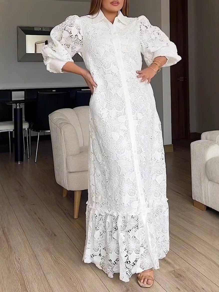 Marke Spitzenkleid mit Puffärmeln und Knopfleiste, elegantes Design — Main Image