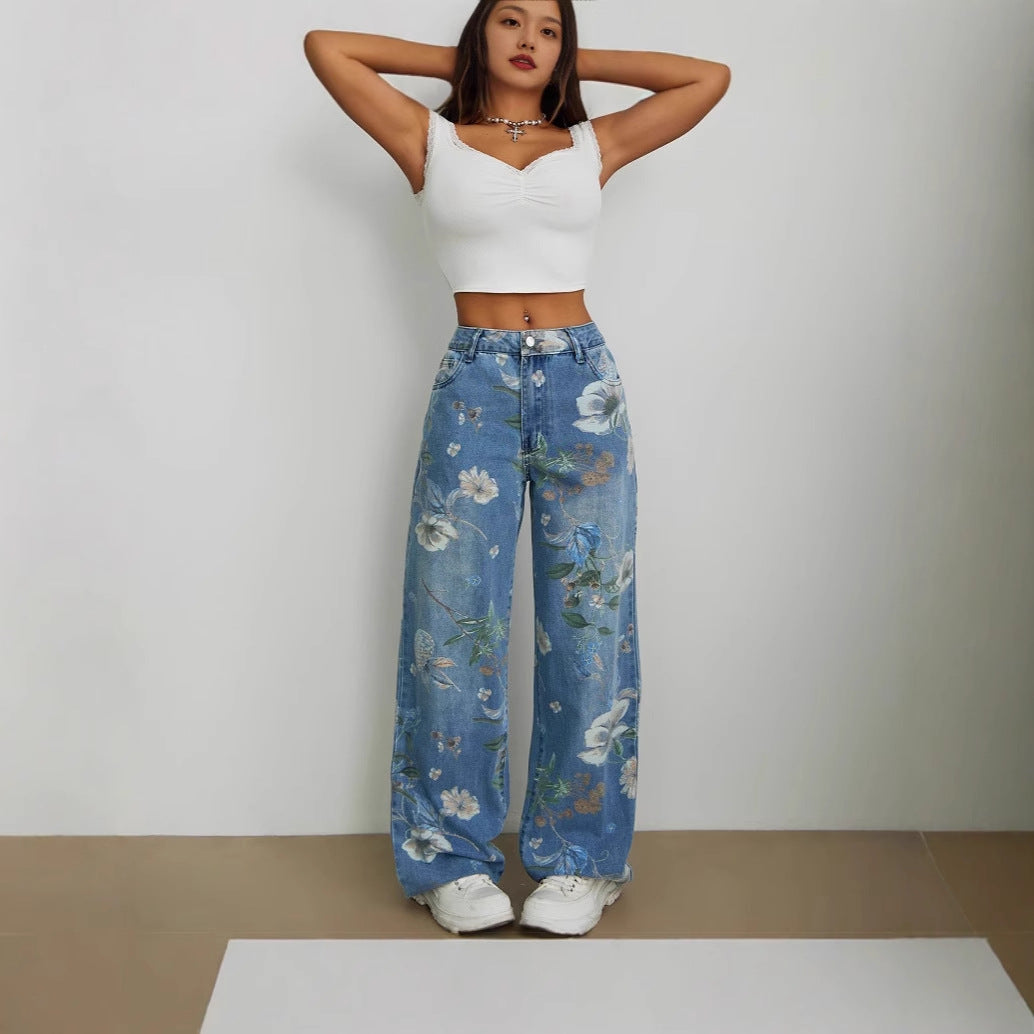 Marke Damen-Jeans mit floralem Muster und weitem Schnitt — Image 3