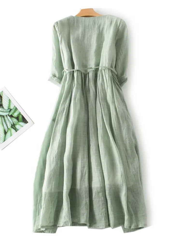 Marke Leinenkleid mit Rüschen und Taillengürtel, knielang — Image 2