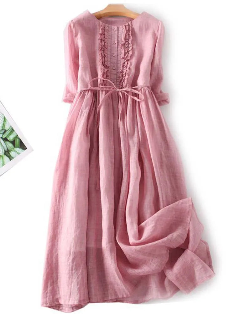 Marke Leinenkleid mit Rüschen und Taillengürtel, knielang — Image 4
