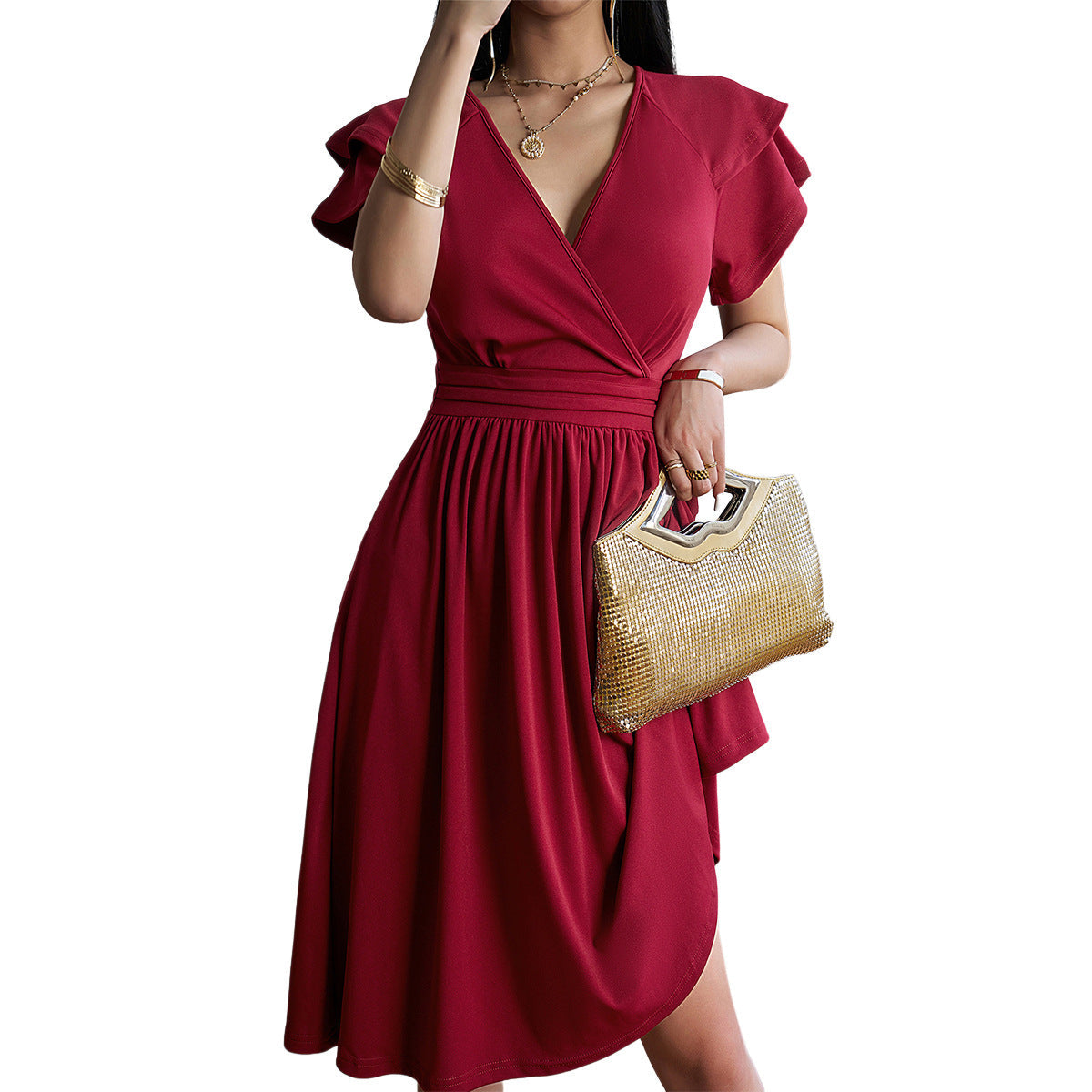 Marke Damenkleid mit V-Ausschnitt und Flügelärmeln, elegant und stilvoll — Image 7
