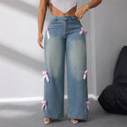 Modische Wide-Leg Jeans mit rosa Schleifen für Damen — Image 2