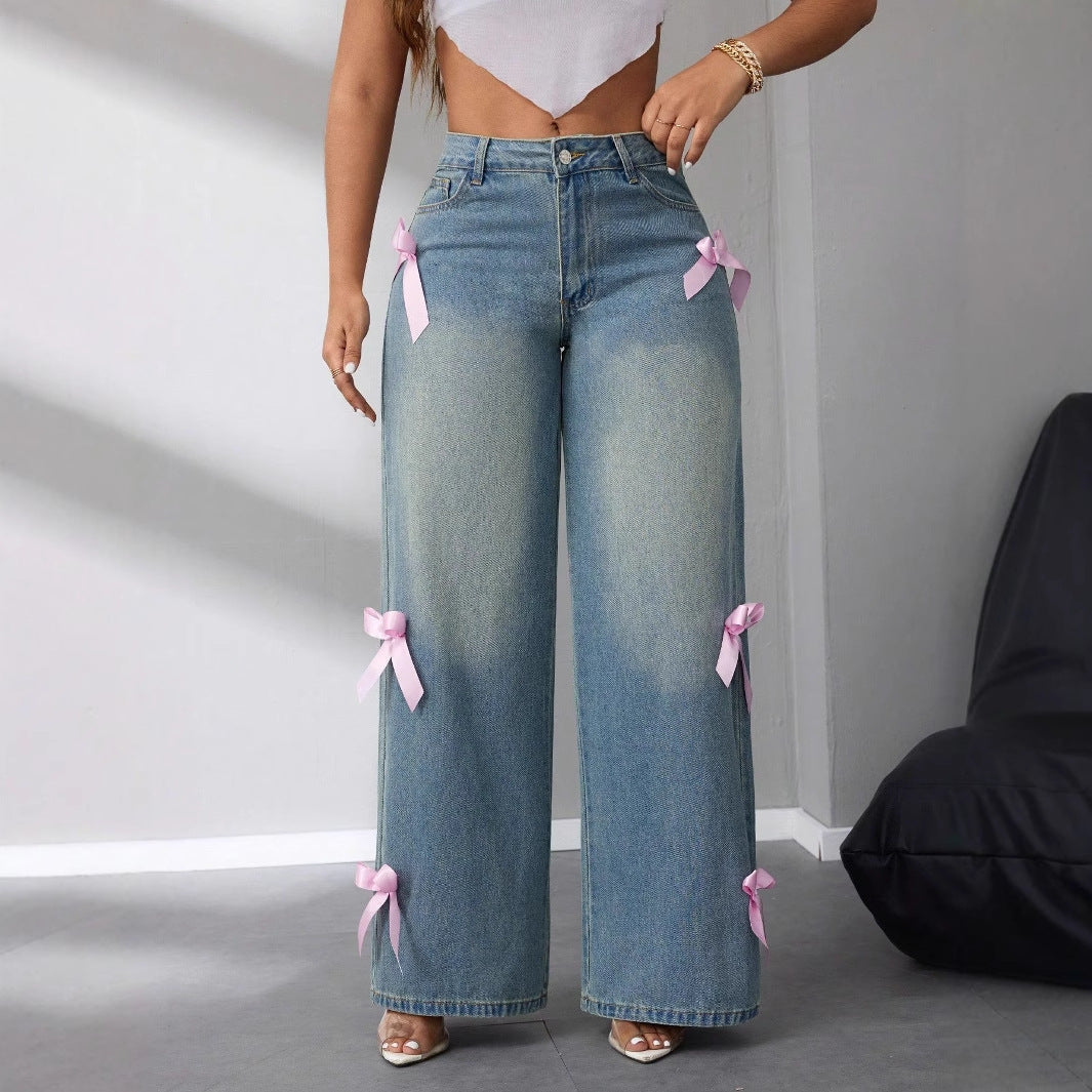 Modische Wide-Leg Jeans mit rosa Schleifen für Damen — Image 2