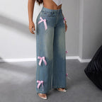 Modische Wide-Leg Jeans mit rosa Schleifen für Damen — Image 3