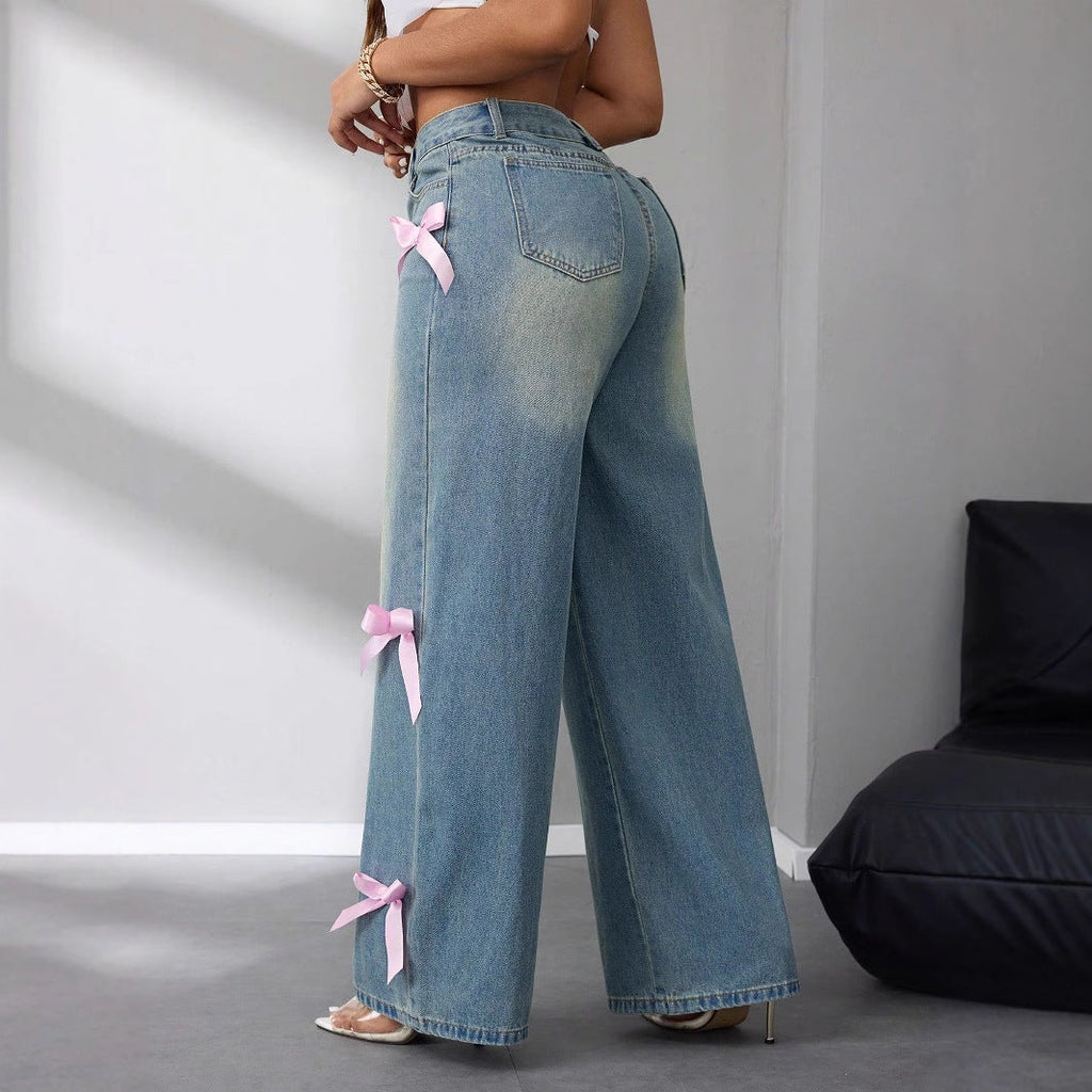 Modische Wide-Leg Jeans mit rosa Schleifen für Damen — Image 6