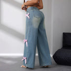 Modische Wide-Leg Jeans mit rosa Schleifen für Damen — Image 6