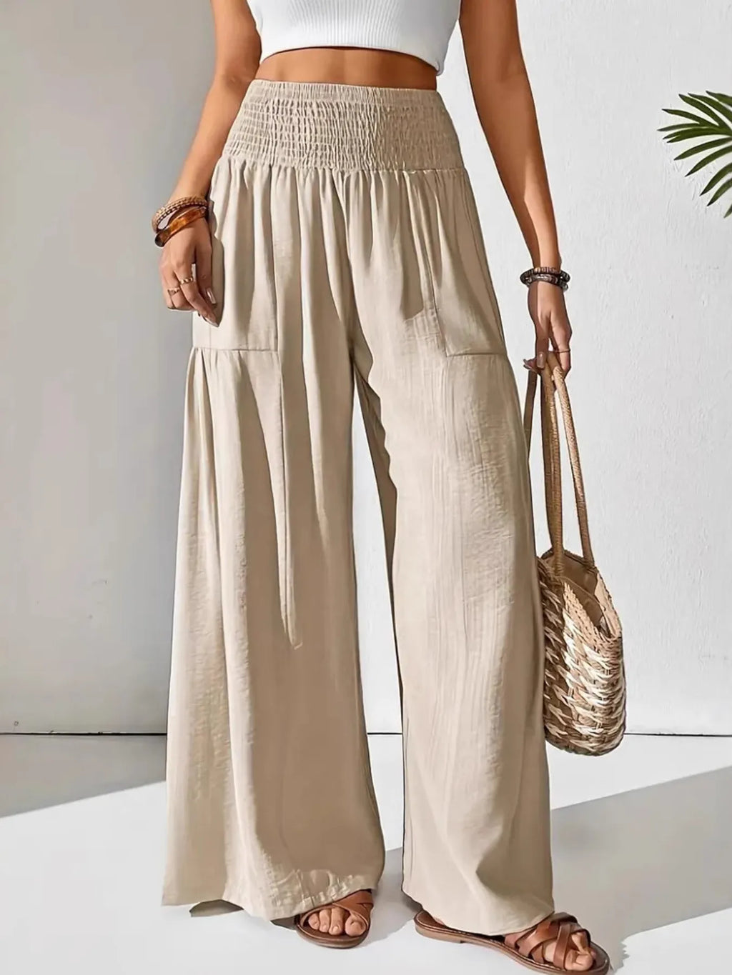 Damen Weite Leinenhose Beige Schwarz Hoher Bund Elastisch Sommer Freizeit — Main Image