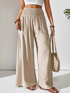 Damen Weite Leinenhose Beige Schwarz Hoher Bund Elastisch Sommer Freizeit — Main Image