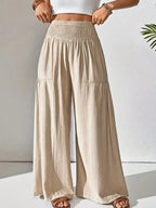 Damen Weite Leinenhose Beige Schwarz Hoher Bund Elastisch Sommer Freizeit — Image 2