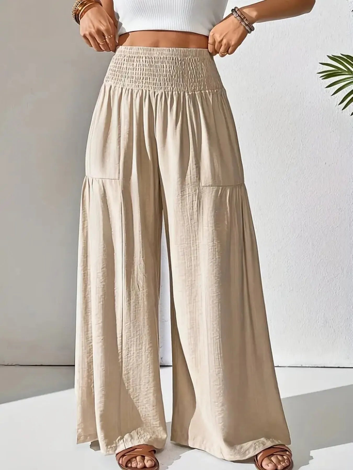 Damen Weite Leinenhose Beige Schwarz Hoher Bund Elastisch Sommer Freizeit — Image 2