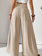 Damen Weite Leinenhose Beige Schwarz Hoher Bund Elastisch Sommer Freizeit — Image 3