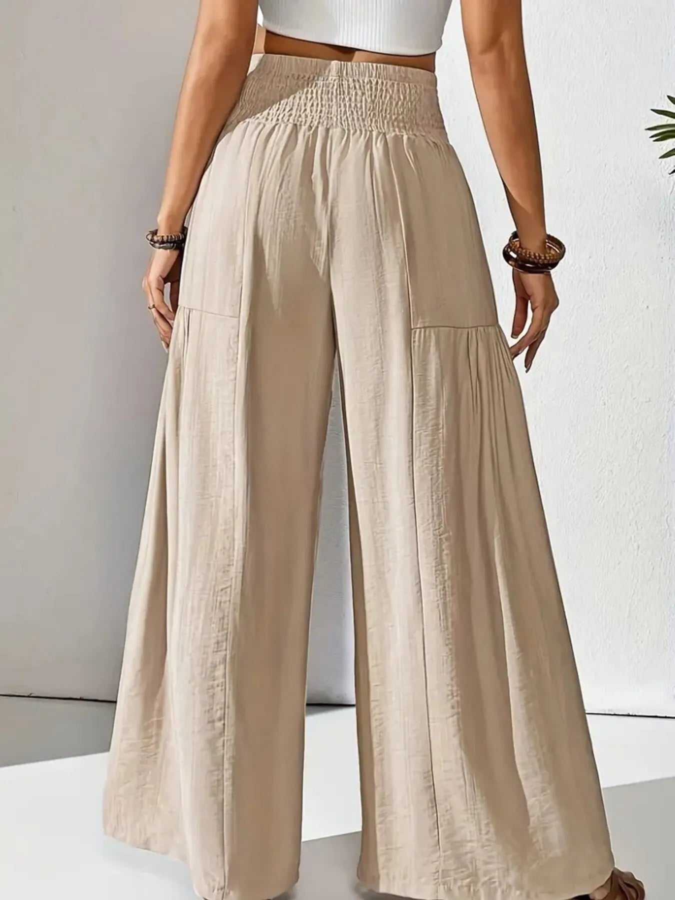 Damen Weite Leinenhose Beige Schwarz Hoher Bund Elastisch Sommer Freizeit — Image 3