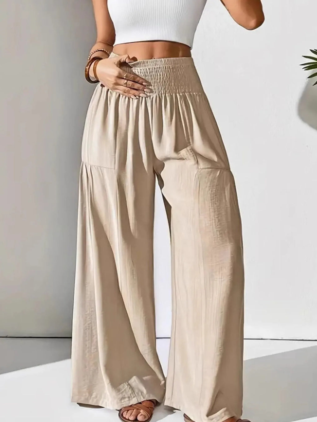 Damen Weite Leinenhose Beige Schwarz Hoher Bund Elastisch Sommer Freizeit — Image 4