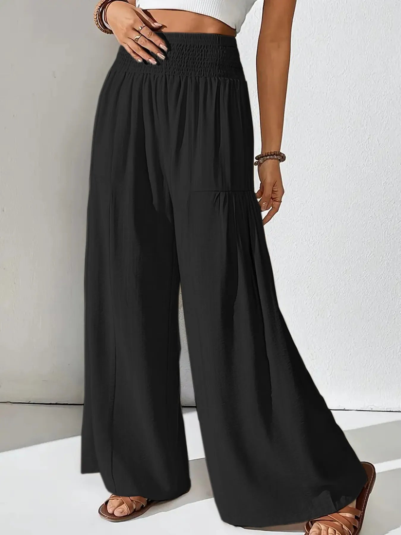 Damen Weite Leinenhose Beige Schwarz Hoher Bund Elastisch Sommer Freizeit — Image 5