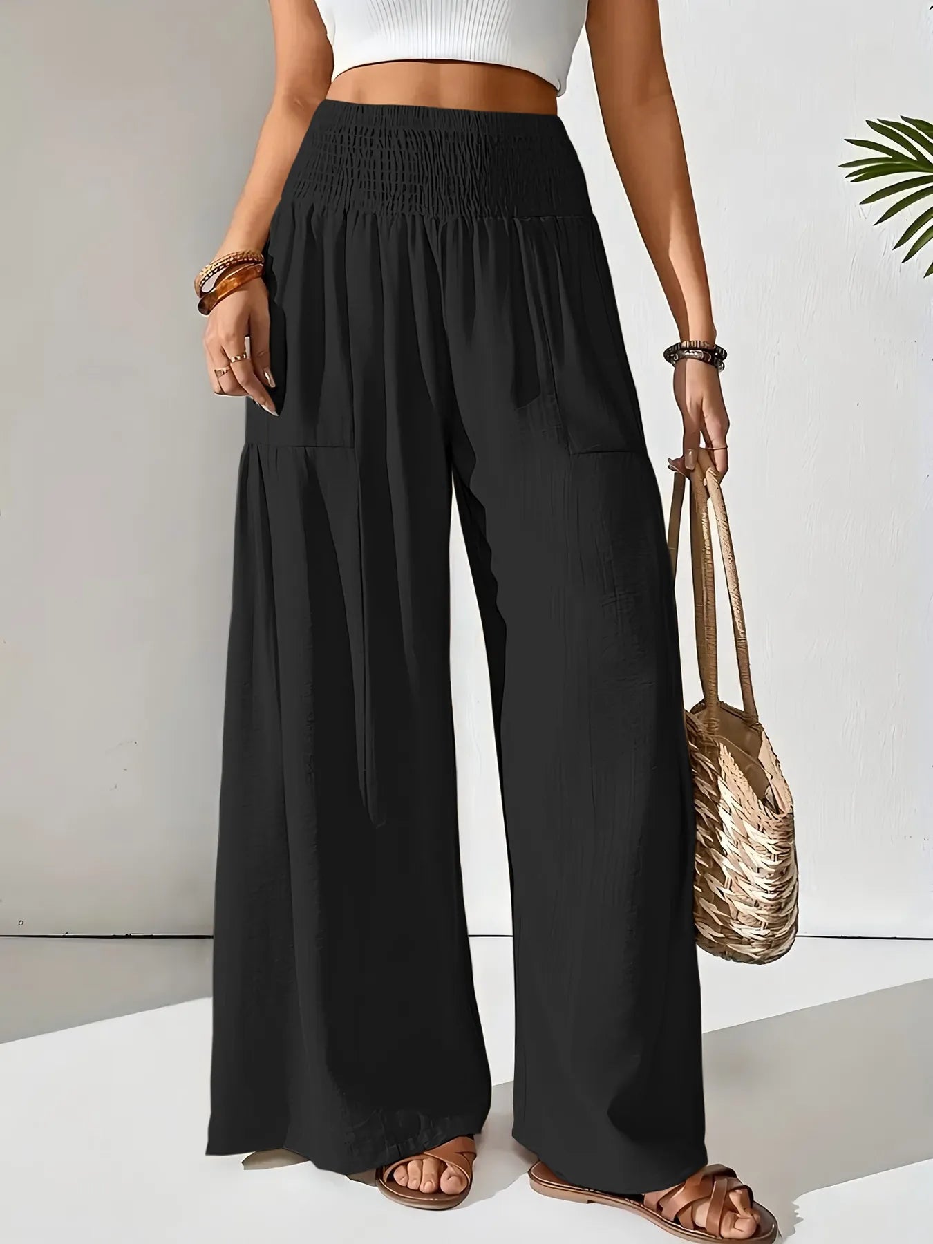 Damen Weite Leinenhose Beige Schwarz Hoher Bund Elastisch Sommer Freizeit — Image 6