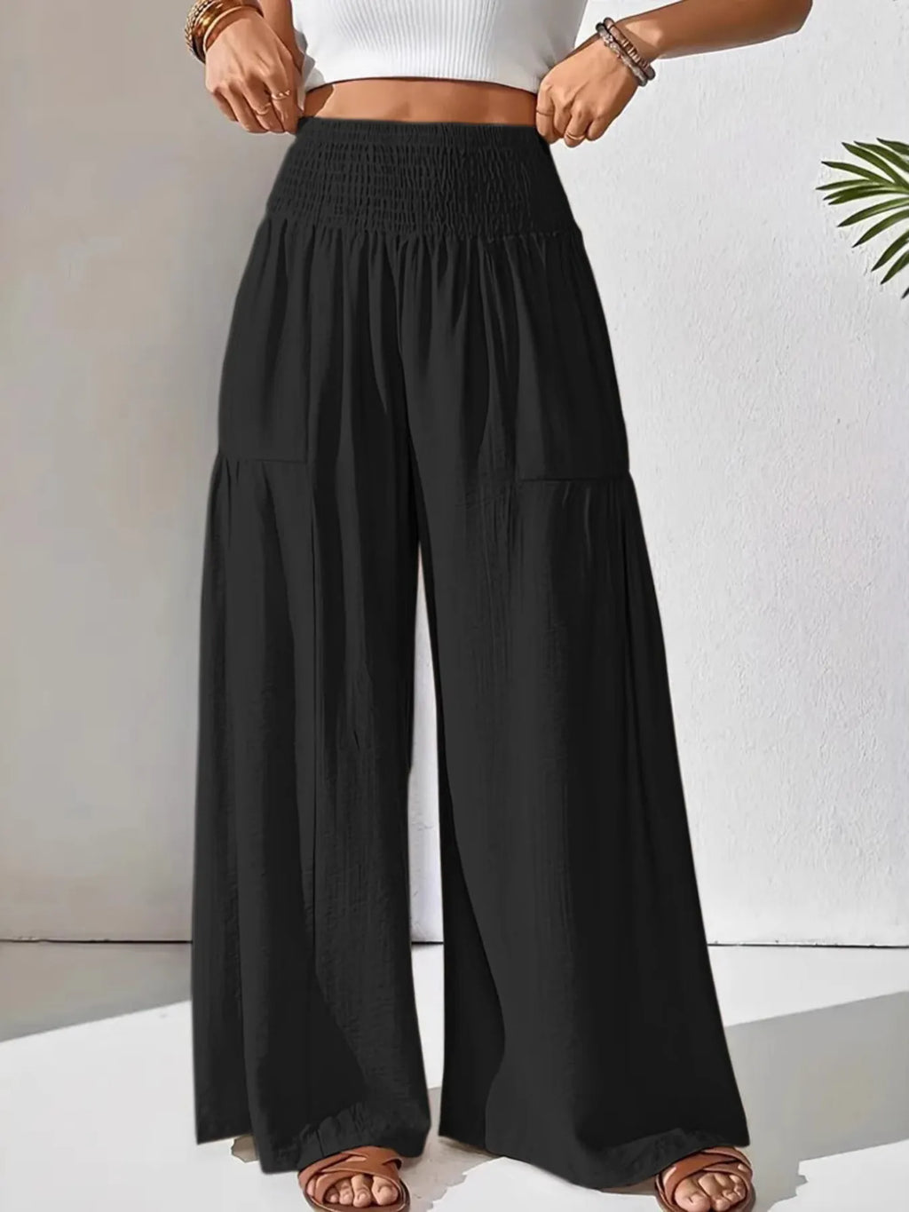 Damen Weite Leinenhose Beige Schwarz Hoher Bund Elastisch Sommer Freizeit — Image 7