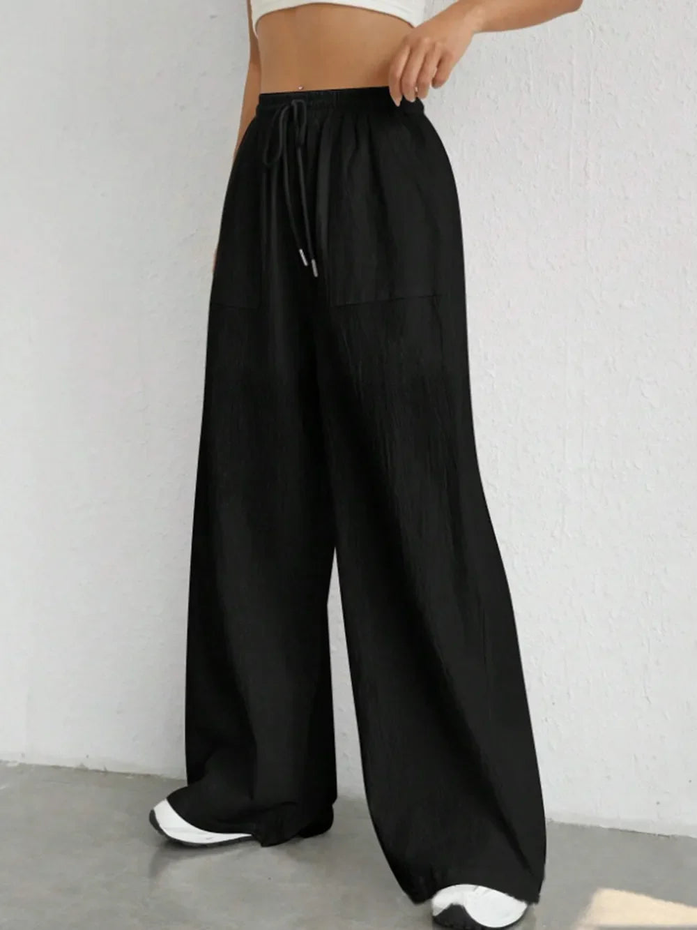 Damen Weite Leinenhose Elastischer Bund Taschen Sommer Atmungsaktiv Freizeit — Image 8