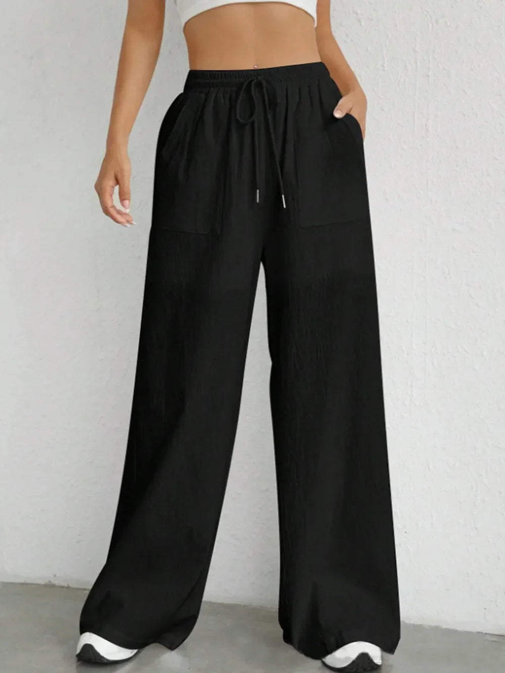 Damen Weite Leinenhose Elastischer Bund Taschen Sommer Atmungsaktiv Freizeit — Image 6