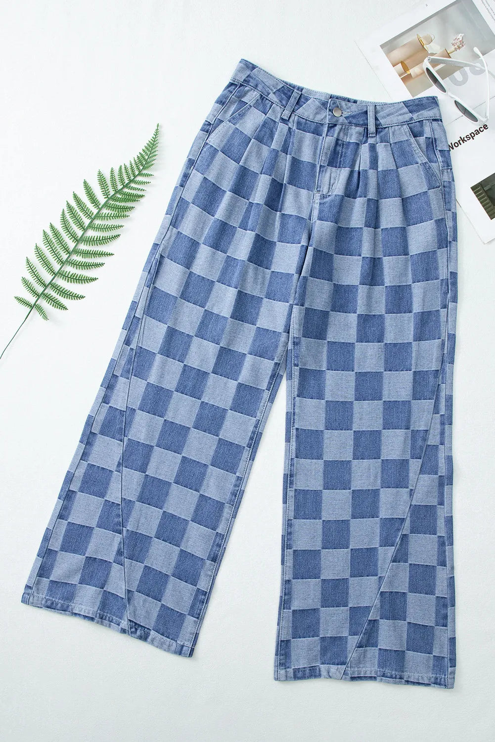 Damen Weite Hose Karomuster Baumwollmischung Schwarz Grau Hoher Bund — Image 6