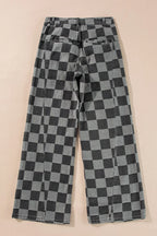 Damen Weite Hose Karomuster Baumwollmischung Schwarz Grau Hoher Bund — Image 3