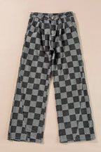Damen Weite Hose Karomuster Baumwollmischung Schwarz Grau Hoher Bund — Image 2