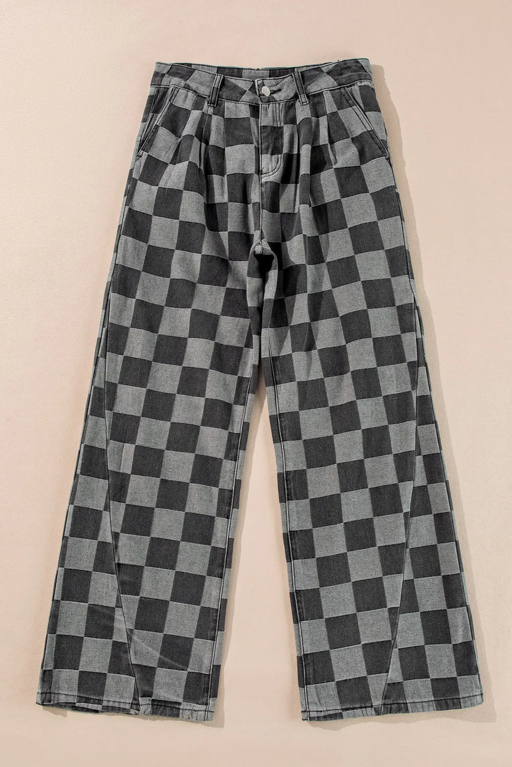 Damen Weite Hose Karomuster Baumwollmischung Schwarz Grau Hoher Bund — Image 2
