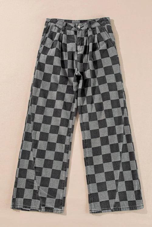 Damen Weite Hose Karomuster Baumwollmischung Schwarz Grau Hoher Bund — Image 2