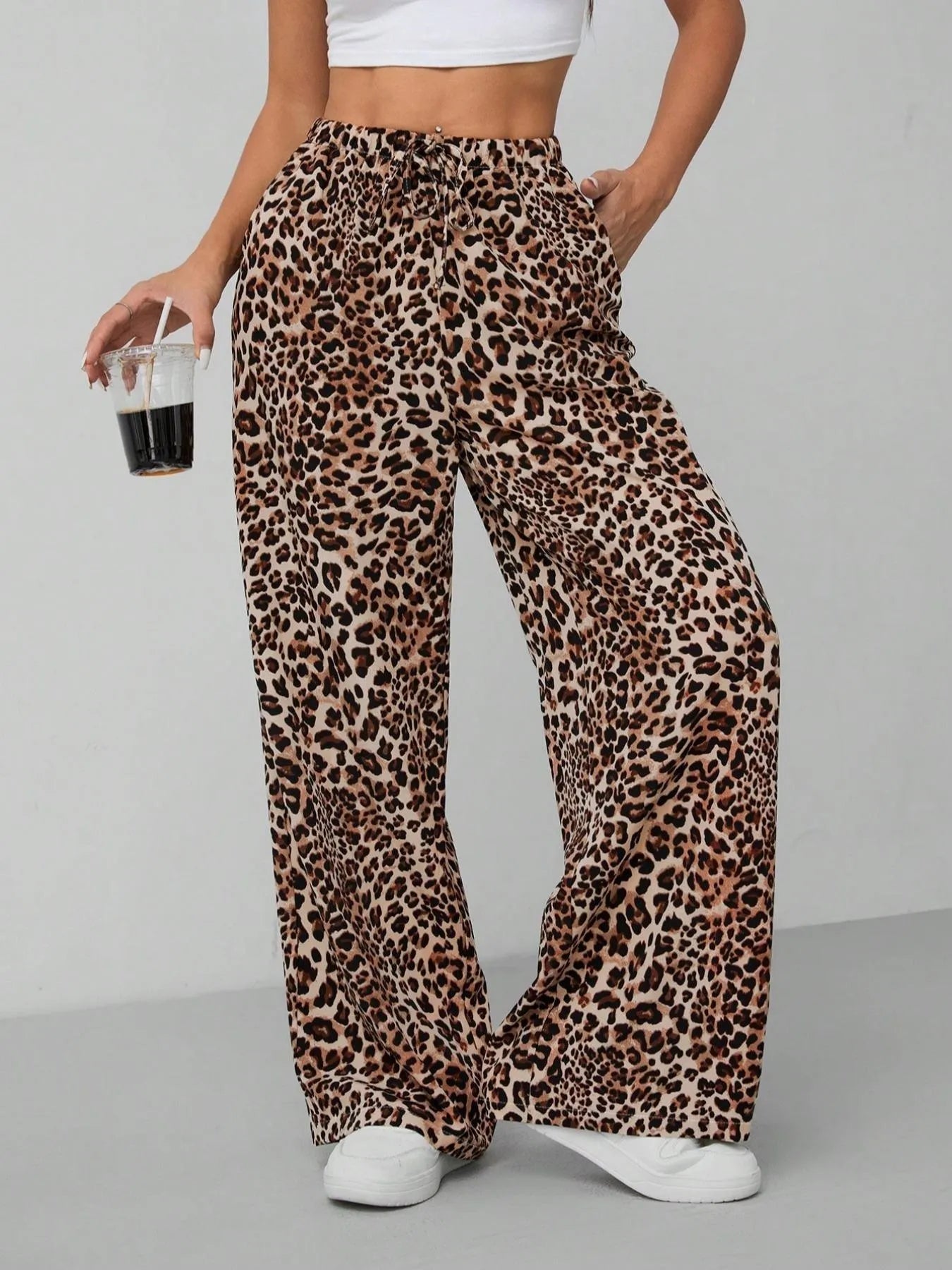Damen Weite Leopard Print Hose Polyester Elastisch Freizeit — Main Image