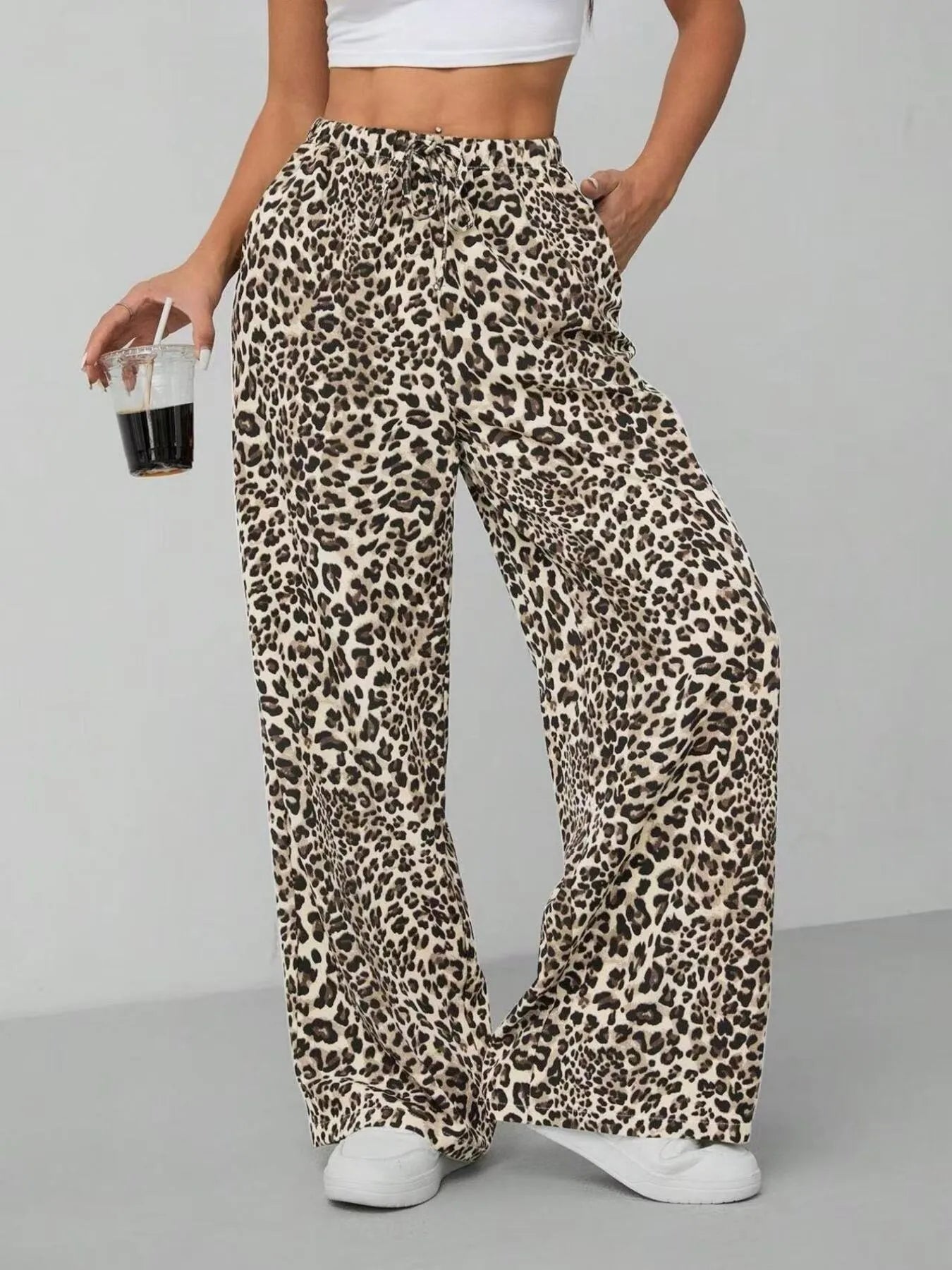 Damen Weite Leopard Print Hose Polyester Elastisch Freizeit — Image 7