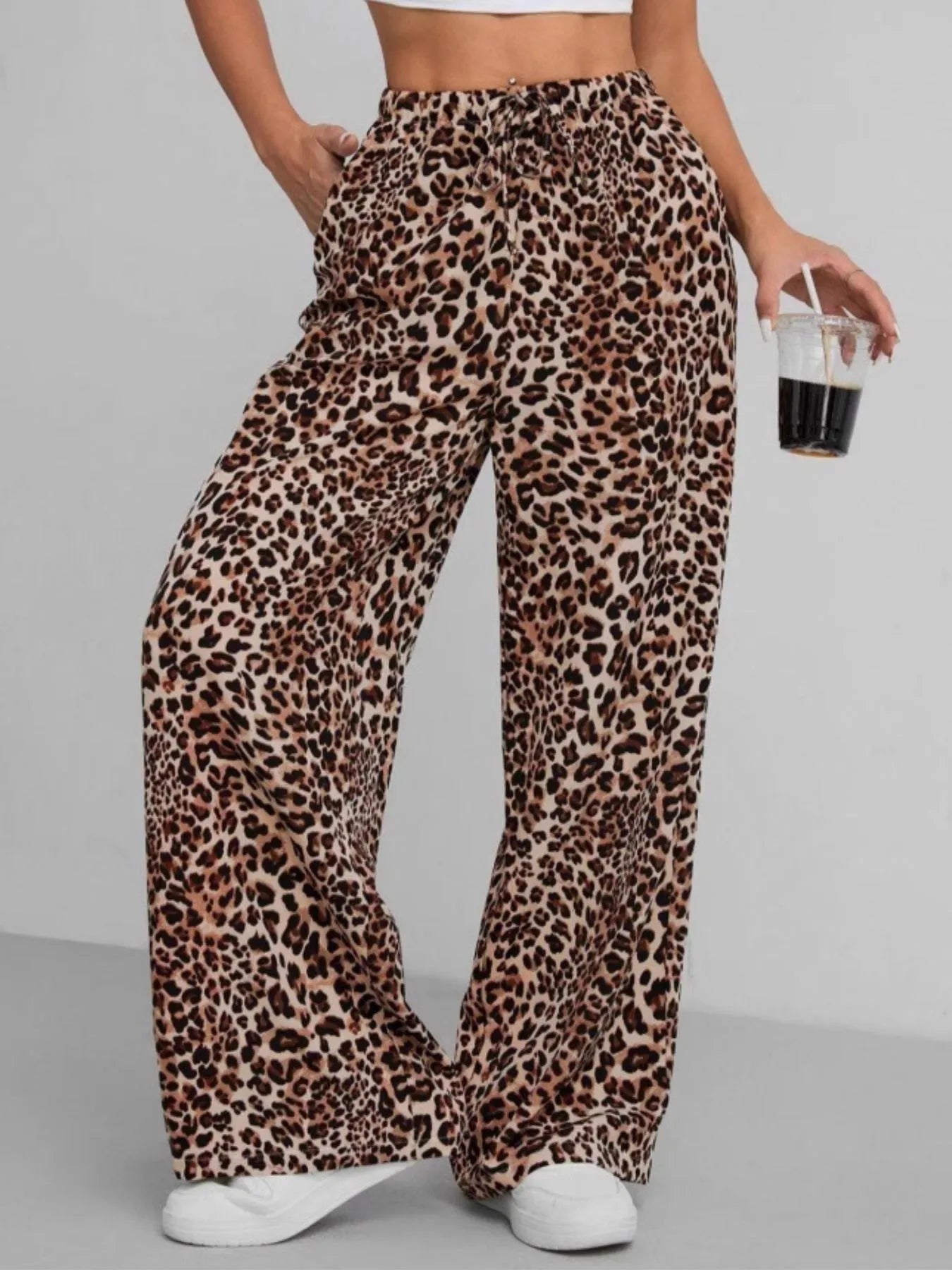 Damen Weite Leopard Print Hose Polyester Elastisch Freizeit — Image 3