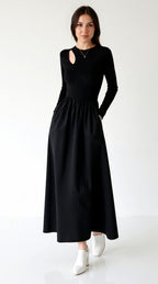 Langarm Maxikleid Mit Figurbetontem Oberteil Und Ausschnittdetails Für Dinner Termine Und Wochenendspaziergänge