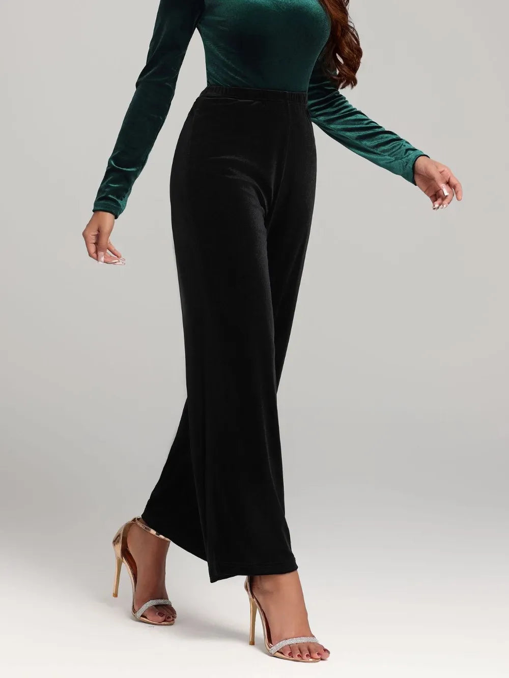 Damen Weite Samthosen Schwarz High-Waist Elegant Abendmode — Image 4