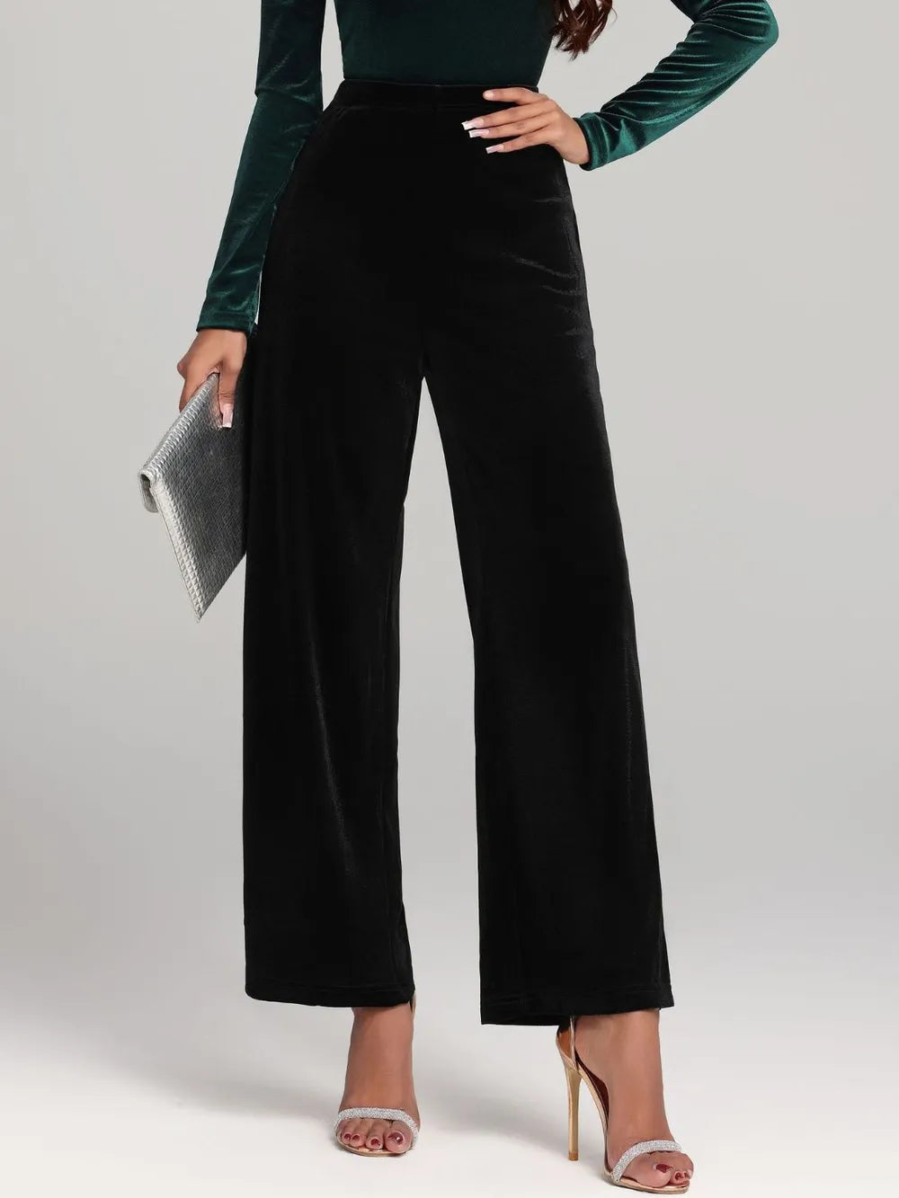 Damen Weite Samthosen Schwarz High-Waist Elegant Abendmode — Main Image