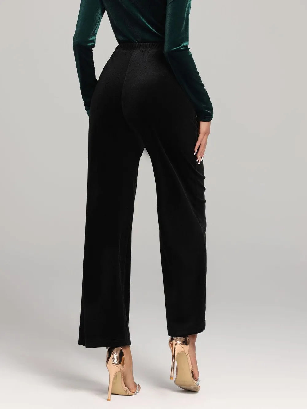 Damen Weite Samthosen Schwarz High-Waist Elegant Abendmode — Image 2