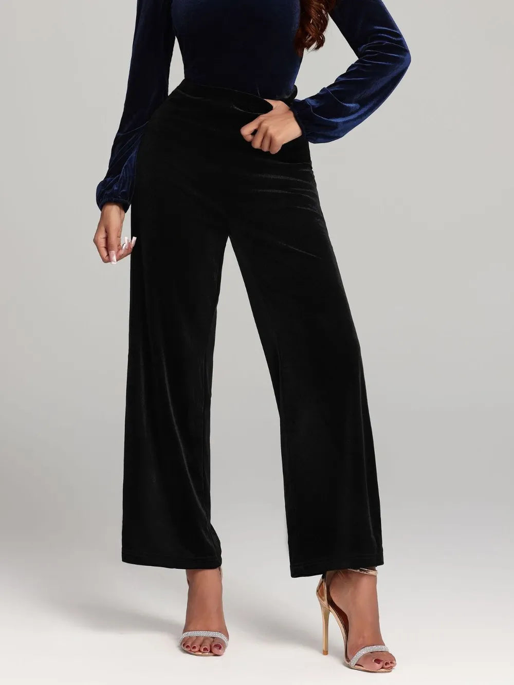 Damen Weite Samthosen Schwarz High-Waist Elegant Abendmode — Image 3