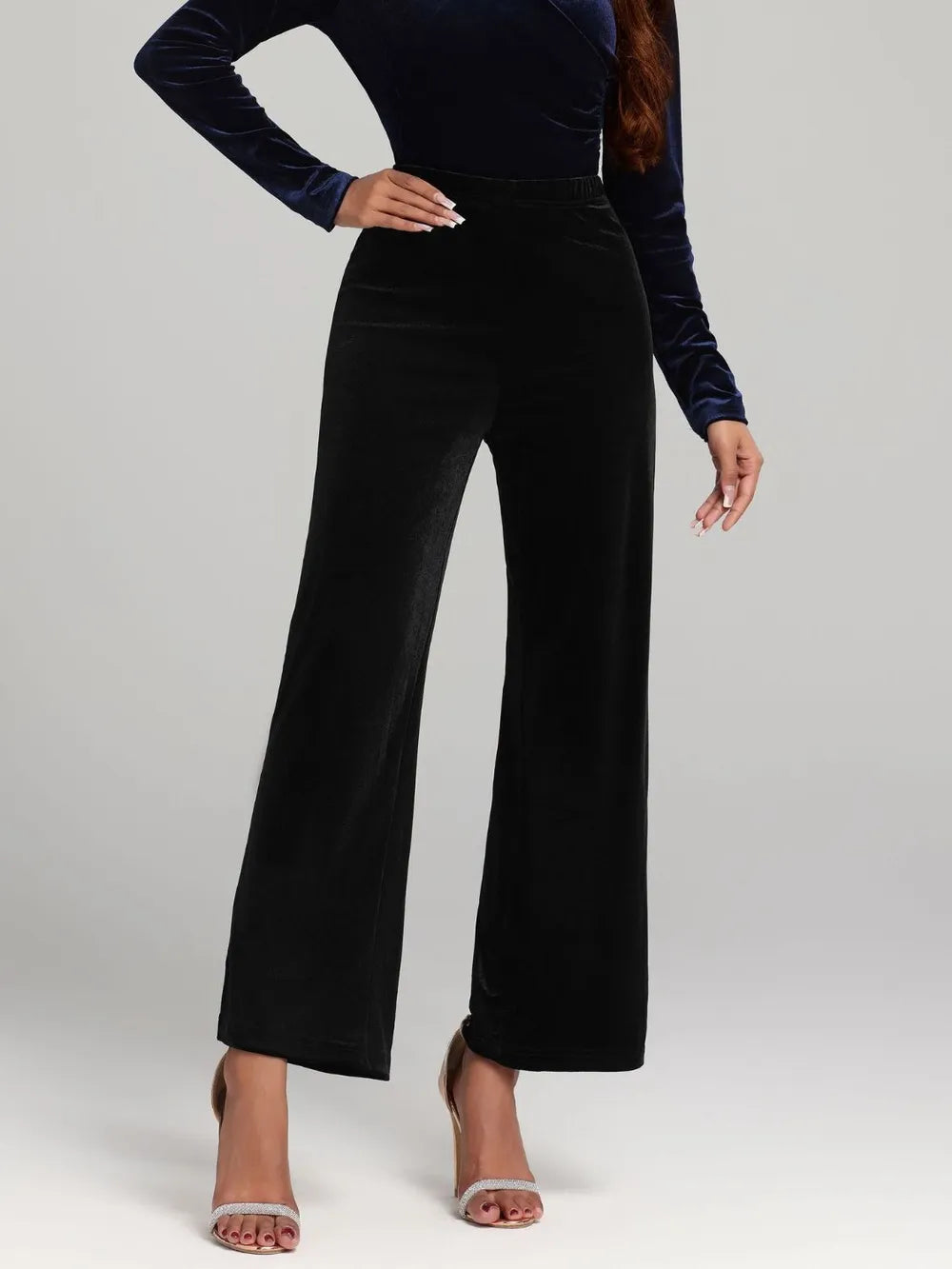 Damen Weite Samthosen Schwarz High-Waist Elegant Abendmode — Image 5