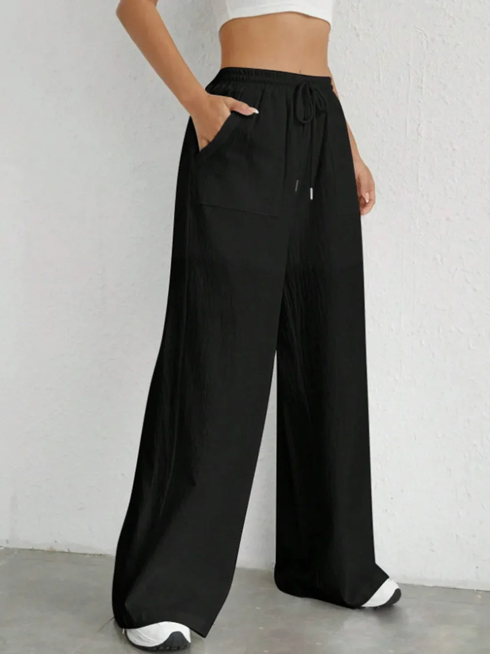 Damen Weite Leinenhose Elastischer Bund Taschen Sommer Atmungsaktiv Freizeit — Image 7