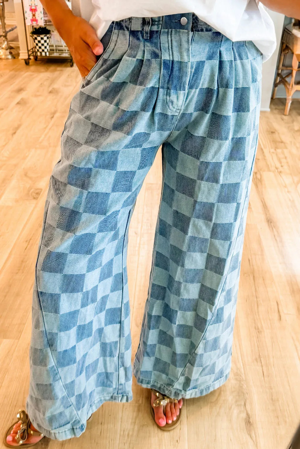 Damen Weite Hose Karomuster Baumwollmischung Schwarz Grau Hoher Bund — Image 5
