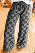 Damen Weite Hose Karomuster Baumwollmischung Schwarz Grau Hoher Bund — Main Image
