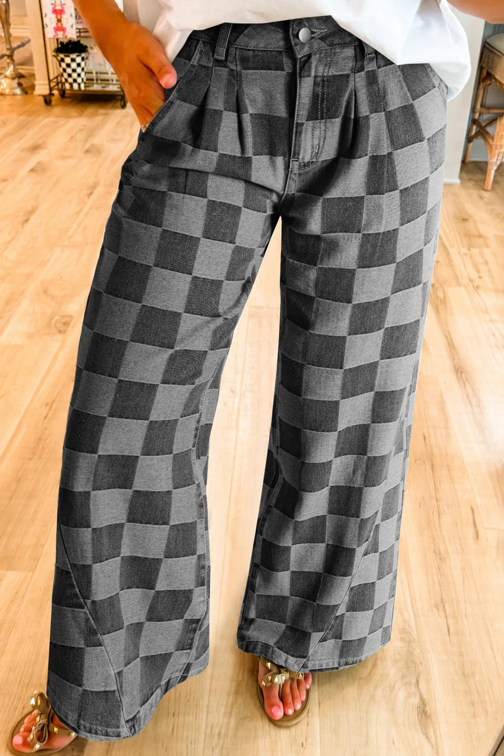 Damen Weite Hose Karomuster Baumwollmischung Schwarz Grau Hoher Bund — Main Image