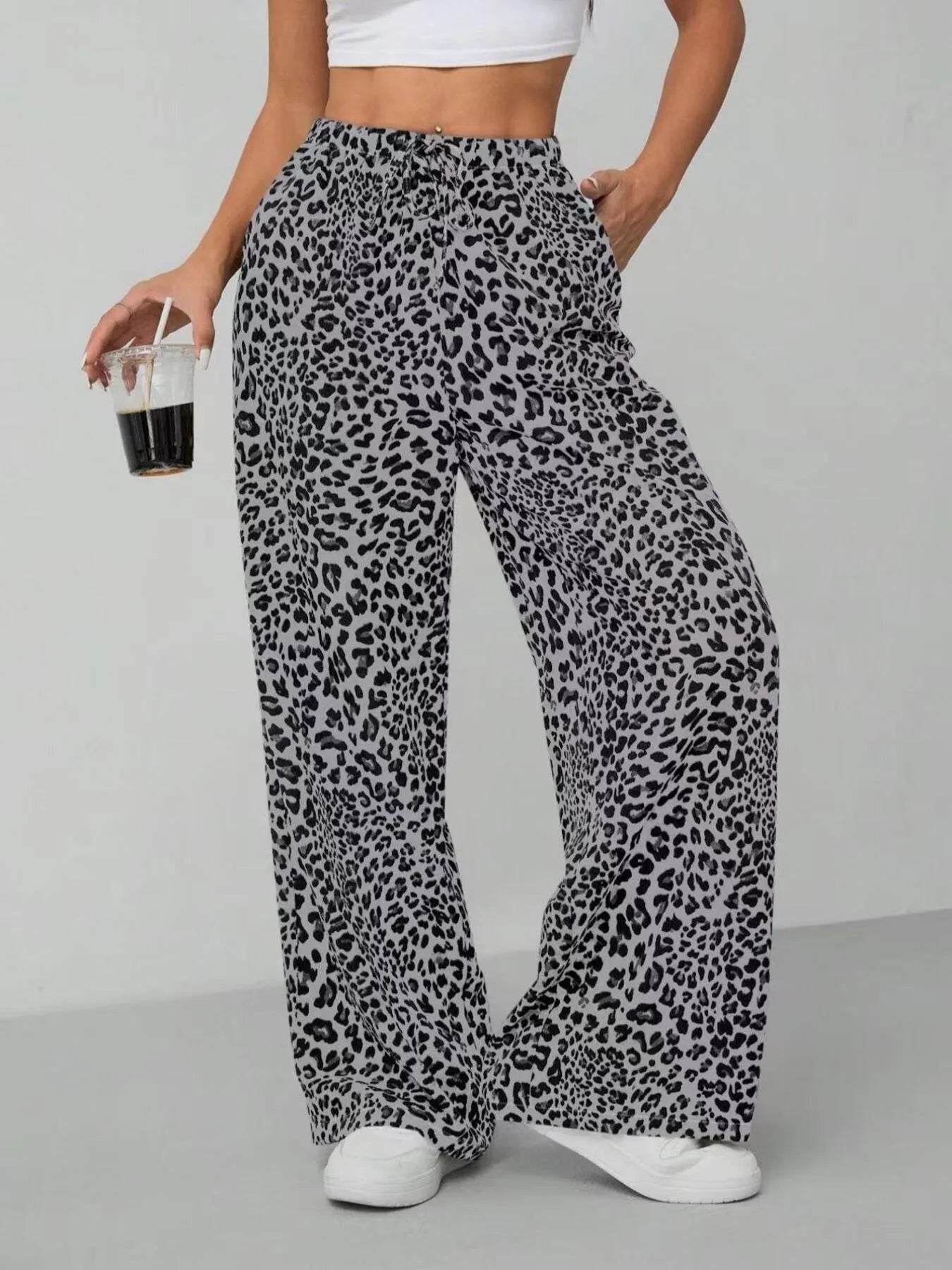 Damen Weite Leopard Print Hose Polyester Elastisch Freizeit — Image 4
