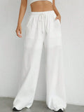 Damen Weite Leinenhose Elastischer Bund Taschen Sommer Atmungsaktiv Freizeit — Main Image