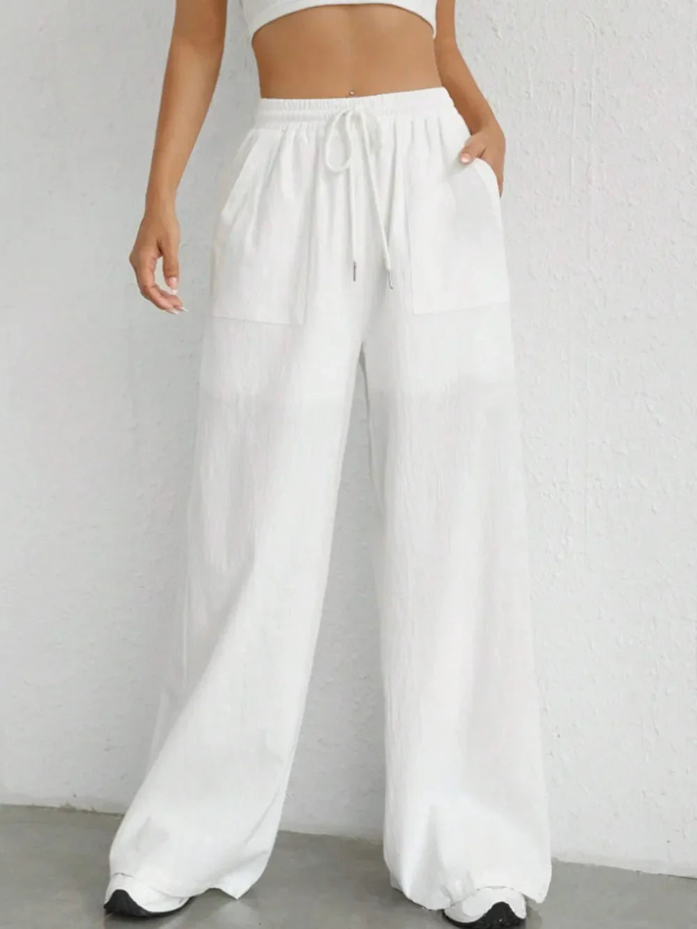 Damen Weite Leinenhose Elastischer Bund Taschen Sommer Atmungsaktiv Freizeit — Main Image