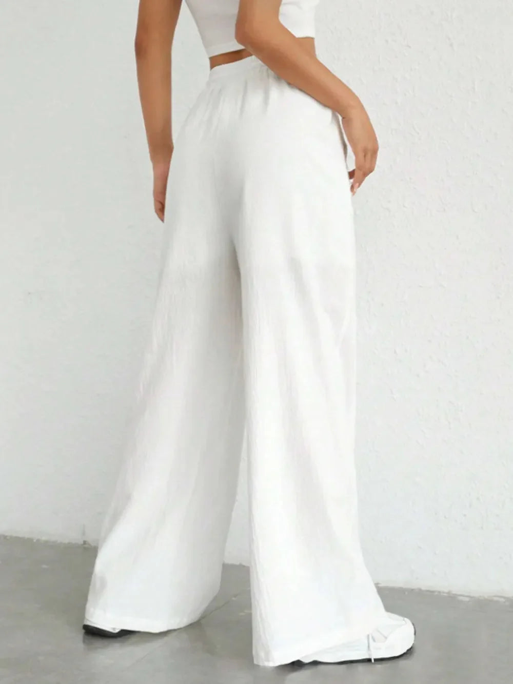 Damen Weite Leinenhose Elastischer Bund Taschen Sommer Atmungsaktiv Freizeit — Image 2