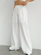 Damen Weite Leinenhose Elastischer Bund Taschen Sommer Atmungsaktiv Freizeit — Image 5