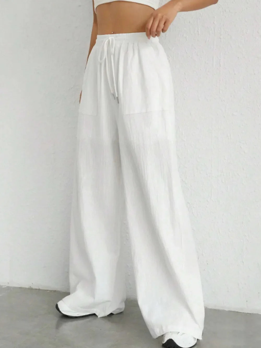 Damen Weite Leinenhose Elastischer Bund Taschen Sommer Atmungsaktiv Freizeit — Image 5