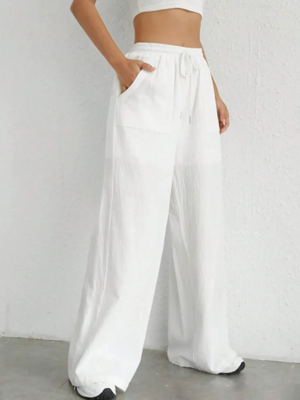 Damen Weite Leinenhose Elastischer Bund Taschen Sommer Atmungsaktiv Freizeit — Image 4