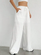 Damen Weite Leinenhose Elastischer Bund Taschen Sommer Atmungsaktiv Freizeit — Image 4