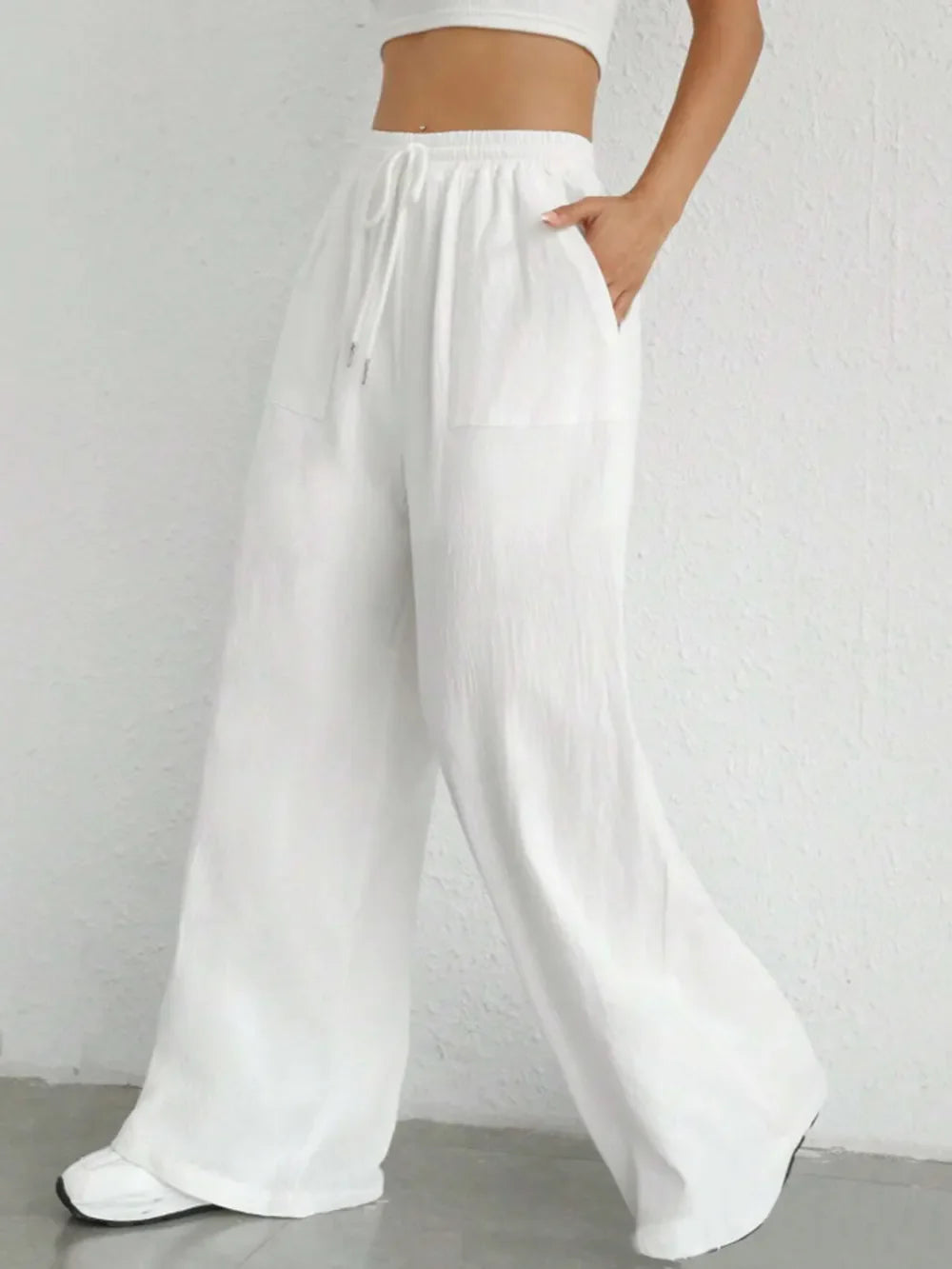 Damen Weite Leinenhose Elastischer Bund Taschen Sommer Atmungsaktiv Freizeit — Image 3