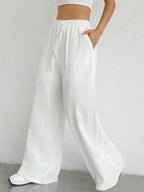 Damen Weite Leinenhose Elastischer Bund Taschen Sommer Atmungsaktiv Freizeit — Image 3